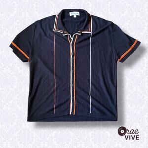 Men’s 2XL Stacy Adams Retro 1960s Navy Blue Knit Button-Down Shirt Accent Lines